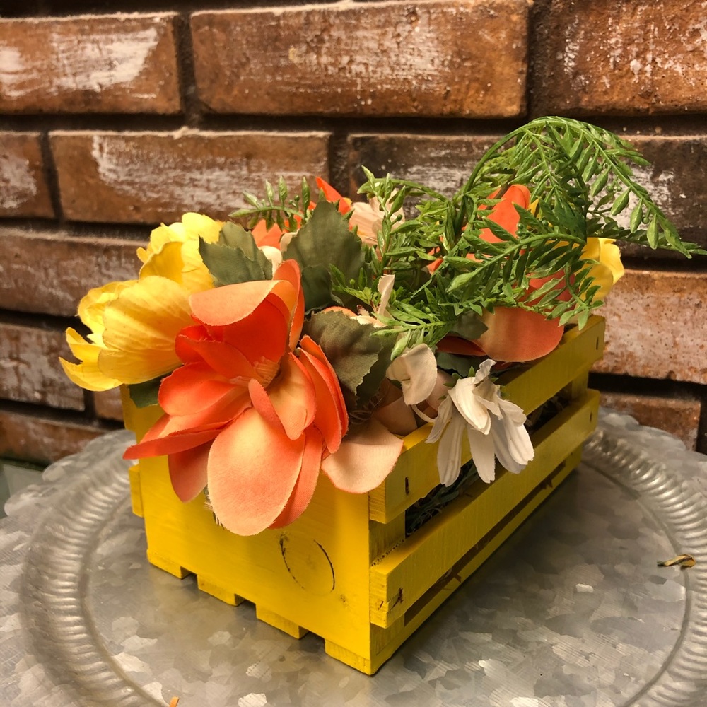 Yellow Wood Basket with Flowers Arrangement - Picture 3 of 3
